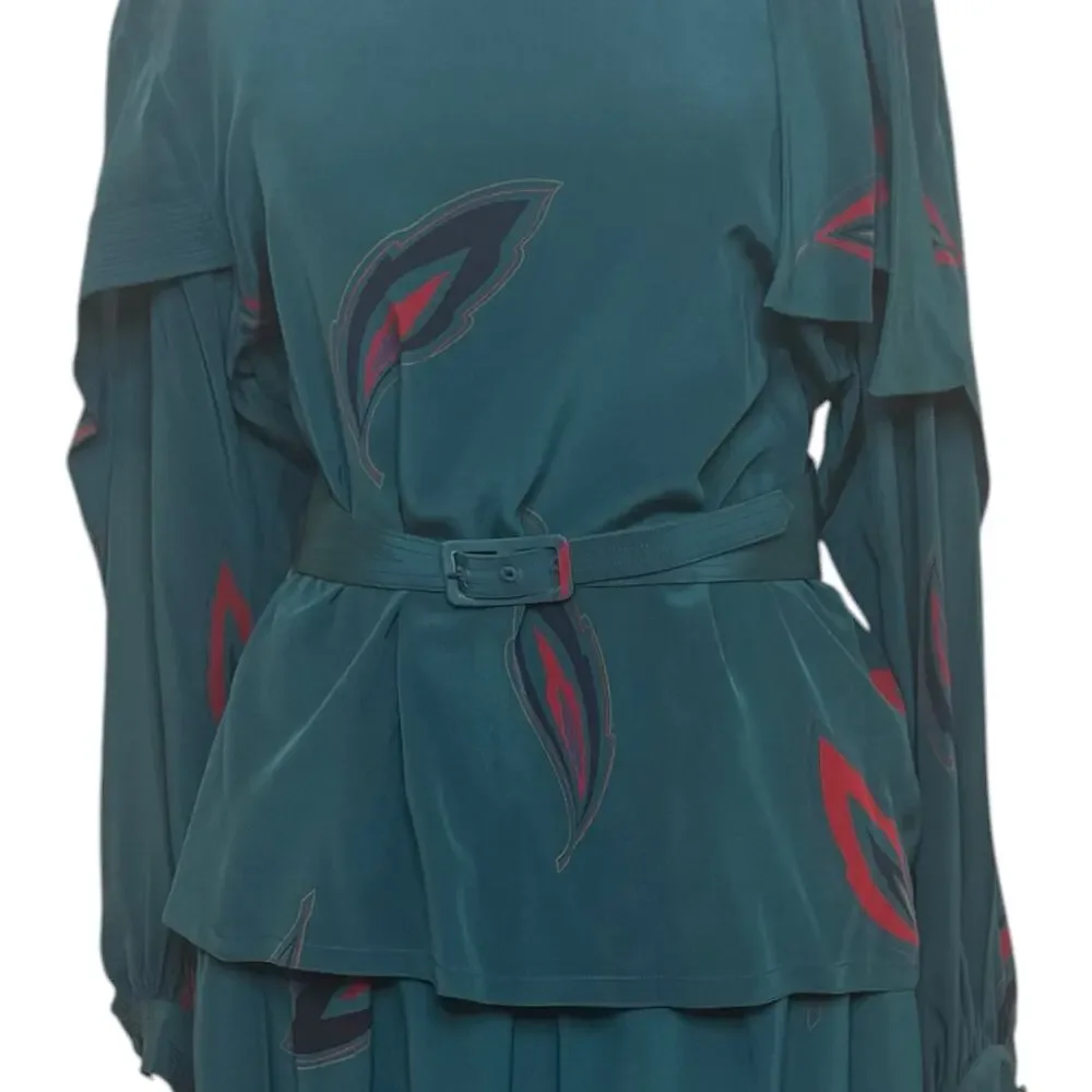 Vintage Albert Nipon 100% Silk Skirt Blouse Set with Belt Feather Print